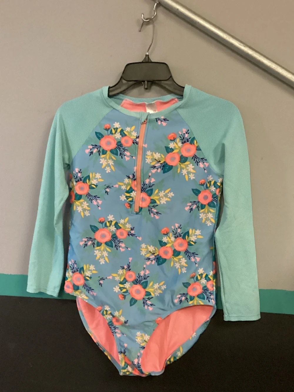 Cat & Jack Girls Floral Long-Sleeve Rash Guard One-Piece Swim Suit - Aqua/Coral